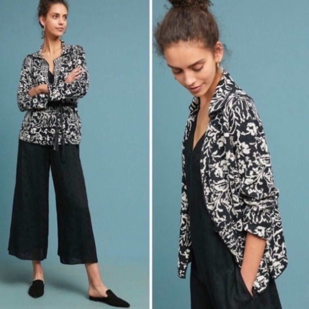 Anthropologie Reversible Black and White Floral Open Cardigan